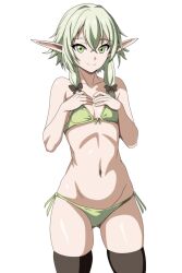 Rule 34 | 1girl, bikini, black thighhighs, breasts, closed mouth, elf, goblin slayer!, green bikini, green eyes, green hair, high elf archer (goblin slayer!), highres, long hair, looking at viewer, navel, pointy ears, shiny skin, side-tie bikini bottom, sidelocks, simple background, small breasts, smile, solo, standing, swimsuit, thighhighs, user fuew8728, white background