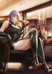 Rule 34 | 1girl, black footwear, black gloves, black leotard, blurry, blurry background, boots, chainsaw man, champagne bottle, champagne flute, covered erect nipples, crossed legs, cup, drinking glass, earrings, elbow gloves, fami (chainsaw man), fishnets, food, gloves, grey hair, high heel boots, high heels, highres, holding, holding food, holding pizza, jewelry, leotard, lobster, looking at viewer, mole, mole under eye, mole under mouth, multiple moles, open mouth, pizza, ringed eyes, short hair, sitting, solo, spykeee, tassel, tassel earrings, thigh boots, yellow eyes