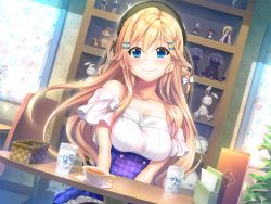 Rule 34 | 1girl, aikagi 2 (azarashi soft), azarashi soft, blonde hair, blue eyes, blush, breasts, chair, cleavage, closed mouth, cup, dress, drinking glass, figure, game cg, gintarou (kurousagi108), happy, hat, highres, indoors, large breasts, long hair, looking at viewer, off shoulder, sitting, smile, solo, sumeragi ayano, table, water