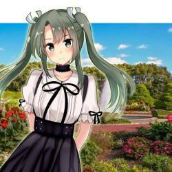 Rule 34 | 1girl, absurdres, alternate costume, arms behind back, black skirt, blue sky, cloud, commentary request, cowboy shot, dark green hair, garden, green eyes, highres, himura moritaka, kantai collection, long hair, looking at viewer, photo background, shirt, skirt, sky, solo, suspenders, twintails, white shirt, zuikaku (kancolle)