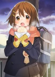Rule 34 | 1girl, bag, blue jacket, blush, booota, brown eyes, brown hair, cloud, commentary request, food, grey skirt, hair ornament, hairclip, hands up, highres, hirasawa yui, holding, jacket, k-on!, long sleeves, mittens, open mouth, outdoors, pleated skirt, scarf, school bag, short hair, signature, skirt, smile, solo, standing