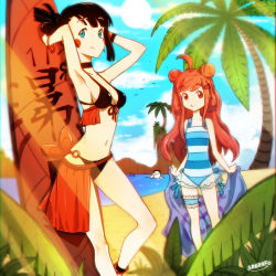 Rule 34 | 1boy, 2girls, ahoge, andre rojas (srgrafo), anklet, aqua one-piece swimsuit, artist self-insert, beach, bikini, bird, black bikini, black hair, blush stickers, breasts, chloe (r/animemes), cloud, day, flat chest, frilled swimsuit, frills, front-tie bikini top, front-tie top, jewelry, light rays, long hair, mascot, medium breasts, multiple girls, o-ring, o-ring bottom, one-piece swimsuit, outdoors, palm tree, plant, red hair, reddit, sachi (r/animemes), sarong, shark fin, sidelocks, signature, skinny, sky, smile, striped clothes, striped one-piece swimsuit, sun, sunbeam, sunlight, surfboard, swimsuit, thigh strap, tree, white one-piece swimsuit