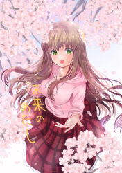 Rule 34 | 1girl, :d, ahoge, blurry, blush, braid, breasts, brown hair, casual, cherry blossoms, colored eyelashes, commentary request, cover, cover page, day, depth of field, doujin cover, floating hair, flower, frilled skirt, frills, green eyes, hair between eyes, hair flower, hair ornament, hair over breasts, hood, hood down, hoodie, kanbe kotori, kurage (kurage19), large breasts, long hair, long sleeves, looking at viewer, looking up, official alternate costume, open hand, open mouth, outdoors, pink hoodie, plaid, plaid skirt, red skirt, rewrite, sidelocks, skirt, smile, solo, sunflower, sunflower hair ornament, translation request, twin braids, very long hair, wavy hair
