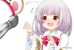 Rule 34 | 1girl, ^^^, animal ears, blush, bow, brooch, collared shirt, commentary request, fake animal ears, gauntlets, granblue fantasy, grey hair, hair ornament, hairband, unworn hairband, hairclip, heart, heart brooch, holding, jewelry, long sleeves, mitya, mouse ears, nose blush, open mouth, out of frame, red bow, red eyes, red hairband, shirt, simple background, solo focus, tears, twitter username, upper body, vikala (granblue fantasy), wavy mouth, white background, white shirt, wide sleeves