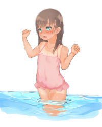 Rule 34 | 1girl, arms up, blush, brown hair, child, covered navel, fang, green eyes, highres, long hair, megane chuu, one-piece swimsuit, open mouth, original, pink one-piece swimsuit, simple background, solo, swimsuit, tan, tanline, wading, water, wet, white background