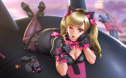 Rule 34 | 1girl, ;d, animal ears, back, black cat d.va, black dress, black gloves, blonde hair, breasts, cat ears, cleavage, d.va (overwatch), dress, gloves, gun, hand rest, high heels, highres, horiishi horuto, long hair, looking at viewer, lying, official alternate costume, on stomach, one eye closed, open mouth, overwatch, overwatch 1, pantyhose, pointing, pointing at viewer, purple pantyhose, smile, solo, twintails, weapon