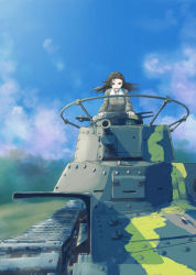 Rule 34 | 10s, 1girl, arm support, asymmetrical bangs, blue sky, brown eyes, brown hair, brown jacket, camouflage, cloud, cloudy sky, commentary, day, girls und panzer, jacket, leaning forward, long hair, long sleeves, looking at viewer, md5 mismatch, military, military uniform, military vehicle, motor vehicle, nishi kinuyo, nito (nshtntr), open mouth, riding, sky, solo, tank, type 97 chi-ha, uniform, wind