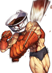 Rule 34 | 1boy, abs, blood, cropped shirt, cup, cuts, feet out of frame, fighting stance, frown, gloves, highres, injury, kinnikuman, looking at viewer, manly, muscular, muscular male, nabenko, red gloves, serious, solo, teabag, teacup, teapackman, thighs, wrestling outfit