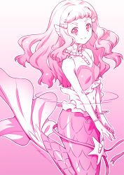 Rule 34 | 1girl, breasts, closed mouth, fins, gradient background, head fins, highres, kazuma muramasa, laura (precure), long hair, looking at viewer, medium breasts, mermaid, midriff, monster girl, navel, pink background, pink theme, precure, signature, smile, solo, tropical-rouge! precure