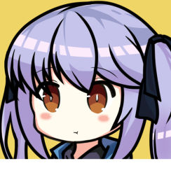 Rule 34 | 1girl, :t, azur lane, black ribbon, blush, brown eyes, closed mouth, commentary request, essex (azur lane), hair between eyes, hair ribbon, long hair, nagato-chan, portrait, pout, purple hair, ribbon, sidelocks, simple background, solo, twintails, yellow background