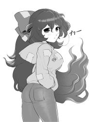 Rule 34 | 1girl, ass, blush, blowing bubbles, chewing gum, cowboy shot, debt, denim, dept, drawstring, floating hair, from side, greyscale, hair between eyes, hand in pocket, highres, hood, hood down, hoodie, jeans, long hair, long sleeves, looking at viewer, looking to the side, monochrome, pants, pocket, ponytail, simple background, solo, standing, touhou, twisted torso, very long hair, white background, yonaki, yorigami shion