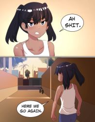 Rule 34 | 1girl, 2koma, aged down, ah shit here we go again (meme), animification, bicycle, black hair, blue eyes, blue pants, carl johnson, comic, commentary, dark-skinned female, dark skin, denim, english commentary, english text, evening, from behind, genderswap, genderswap (mtf), grand theft auto, grand theft auto: san andreas, highres, hinghoi, jeans, meme, palm tree, pants, parody, profanity, rural, shirt, solo, tank top, tree, twintails, white shirt