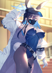 Rule 34 | 1girl, animal ears, baseball cap, belt, blue archive, bow, breasts, brown hair, cleavage, coat, commentary request, detached collar, fake animal ears, fishnets, gloves, grey eyes, halo, hand up, hat, highres, large breasts, leotard, long sleeves, looking at viewer, mask, matsumoto tomoyohi, open clothes, open coat, playboy bunny, rabbit ears, rabbit tail, saori (blue archive), school emblem, skull, solo, stairs, tail, upper body, white coat, white gloves