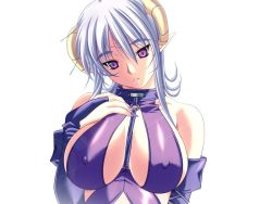 Rule 34 | 00s, 1girl, blush, breasts, cleavage, covered erect nipples, demon girl, horns, large breasts, magical witch academy, nail polish, pointy ears, simple background, smile, solo, tagme