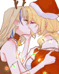 Rule 34 | 0214x0826, 2girls, antlers, bare arms, bare shoulders, bell, blonde hair, brown choker, brown shirt, choker, christmas, christmas lights, closed eyes, cocolia rand, commentary request, earrings, from side, hand on another&#039;s shoulder, hand on own cheek, hand on own face, highres, honkai: star rail, honkai (series), horns, jacket, jewelry, kiss, korean commentary, low ponytail, multicolored hair, multiple girls, neck bell, profile, red jacket, serval landau, shirt, simple background, sleeveless, sleeveless shirt, strap slip, streaked hair, white background, white shirt, yuri
