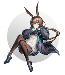 Rule 34 | 1girl, amiya (arknights), animal ears, anklet, arknights, bad hands, black footwear, black jacket, blue bow, blue bowtie, blue eyes, blue skirt, bow, bowtie, brown hair, brown pantyhose, clenched hands, commentary, full body, gradient background, grey background, hayama eishi, highres, jacket, jewelry, knees up, light frown, long hair, looking at viewer, multiple rings, open clothes, open jacket, pantyhose, plaid, plaid skirt, ponytail, rabbit ears, rabbit girl, ring, shirt, simple background, skirt, solo, thigh strap, white background, white shirt