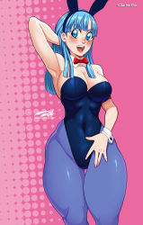 Rule 34 | 1girl, animal ears, arm up, armpits, black leotard, blue eyes, blue hair, blue pantyhose, blush, breasts, bulma, cleavage, collar, collarbone, covered navel, cowboy shot, curvy, darkereve, dragon ball, dragon ball (classic), fake animal ears, highleg, highleg leotard, highres, large breasts, leotard, long hair, looking to the side, matching hair/eyes, nail polish, open mouth, pantyhose, pink background, playboy bunny, rabbit ears, shiny clothes, smile, solo, strapless, strapless leotard, teeth, thick thighs, thigh gap, thighs, upper teeth only, wide hips, wrist cuffs