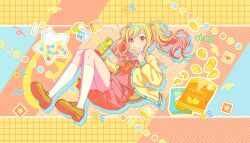 Rule 34 | 1girl, absurdres, alternate color, bag of chips, blonde hair, blue background, brown footwear, buttons, can, candy, cardigan, chips (food), colorful palette, drop shadow, food, food in mouth, food name, full body, gradient hair, grid background, heart, highres, holding, holding can, holding food, legs, loafers, long hair, long sleeves, looking at viewer, multicolored background, multicolored hair, neckerchief, official art, open cardigan, open clothes, orange neckerchief, pink background, pink eyes, pink hair, pink serafuku, pink shirt, pink skirt, pleated skirt, polka dot, polka dot background, project sekai, reclining, sailor collar, school uniform, serafuku, shirt, shoes, skirt, snack, socks, solo, star (symbol), striped background, tenma saki, third-party source, twintails, unbuttoned, white sailor collar, white socks, yellow background, yellow cardigan