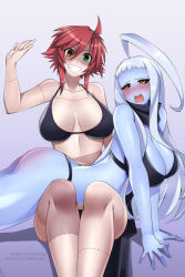 Rule 34 | 2girls, :d, :o, ahoge, ass smack, bed, bed sheet, bikini, black bikini, black bra, black panties, black scarf, black sclera, blue skin, blush, bra, breasts, breasts apart, cleavage, colored sclera, colored skin, commentary, commission, curvy, dullahan, grin, heterochromia, huge ahoge, lala (monster musume), lindaroze, long hair, looking to the side, lying, monster girl, monster musume no iru nichijou, multiple girls, nose blush, on bed, on stomach, open mouth, panties, patchwork skin, red hair, scarf, short hair, sidelocks, sitting, slap mark, slapping, smile, spanked, spanking, stitches, swimsuit, teeth, underwear, white background, white hair, yellow eyes, yuri, zombie, zombina (monster musume)