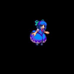 Rule 34 | 1girl, animated, animated gif, bloomers, blue eyes, blue hair, bow, chibi, cirno, dress, full body, hair bow, idle animation, jumping, lowres, matching hair/eyes, pixel art, solo, touhou, transparent background, underwear