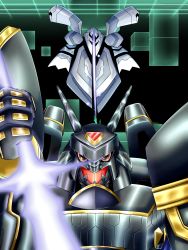 Rule 34 | alphamon, armor, digicore, digimon, energy sword, highres, looking at viewer, red eyes, sword, weapon, yggdrasill (digimon), yggdrasill 7d6