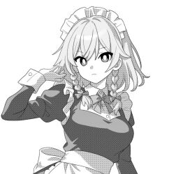 Rule 34 | 1girl, bow, braid, bright pupils, closed mouth, commentary, greyscale, hair bow, izayoi sakuya, long sleeves, looking at viewer, maid, maid headdress, medium hair, monochrome, onkn sxkn, side braids, simple background, solo, touhou, twin braids, upper body