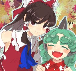 Rule 34 | 2girls, ascot, bare shoulders, blue ascot, blush, bow, brown eyes, brown hair, buttons, chamaruk, cloud print, collared shirt, curly hair, detached sleeves, fangs, frilled bow, frilled shirt collar, frills, green hair, hair bow, hair tubes, hakurei reimu, half updo, highres, horns, kariyushi shirt, komano aunn, leaning to the side, long hair, looking at viewer, multiple girls, open mouth, paw pose, red bow, red shirt, red skirt, shirt, single horn, skirt, skirt set, sleeveless, sleeveless shirt, smile, touhou