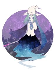 Rule 34 | blood, bloody weapon, blue cape, blue necktie, cape, ghost tail, green eyes, green hair, head scarf, highres, holding, holding sword, holding weapon, ko kita, long hair, long sleeves, mima (touhou), necktie, sky, solo, star (sky), starry sky, sun symbol, sword, touhou, touhou (pc-98), weapon