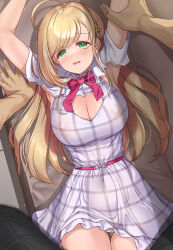 Rule 34 | 1boy, 1girl, ahoge, arms up, blonde hair, blush, breasts, cleavage, cleavage cutout, clothing cutout, commentary request, covered erect nipples, dress, green eyes, heart, heart cutout, highres, idolmaster, idolmaster cinderella girls, large breasts, long hair, looking at viewer, lying, mk (mod0), on back, panties, pantyshot, pov, pov hands, sato shin, see-through, straddling, underwear, white dress, white panties