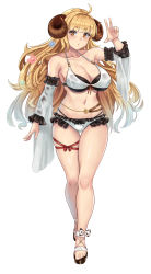 Rule 34 | 1girl, absurdres, ahoge, anila (granblue fantasy), anila (summer) (granblue fantasy), ankle ribbon, bare shoulders, belly chain, bikini, black bikini, blonde hair, blunt bangs, blush, breasts, cleavage, collarbone, commentary request, crossed legs, detached sleeves, draph, flower, full body, granblue fantasy, groin, hair flower, hair ornament, hand up, highres, horns, jewelry, large breasts, layered bikini, leg ribbon, long hair, looking at viewer, navel, official alternate costume, parted lips, partial commentary, ribbon, ribbon-trimmed bikini, sandals, see-through, sheep horns, short eyebrows, sidelocks, simple background, skindentation, solo, standing, stmoon, stomach, swimsuit, thick eyebrows, thigh strap, thighs, v, very long hair, watson cross, white background, white bikini, yellow eyes