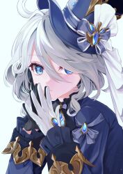 Rule 34 | 1girl, absurdres, asymmetrical gloves, blue eyes, blue gemstone, blue jacket, bow, cowlick, furina (genshin impact), gem, genshin impact, gloves, grey hair, hat, hat bow, highres, jacket, looking at viewer, simple background, solo, swept bangs, top hat, tululu, white background