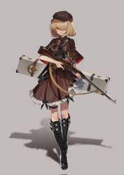 Rule 34 | 1girl, banned artist, black footwear, blonde hair, bolt action, boots, bow, bowtie, brooch, brown bow, brown bowtie, brown capelet, brown dress, brown hat, capelet, closed mouth, dress, full body, gun, hair over one eye, hat, highres, holding, holding gun, holding weapon, jewelry, knee boots, looking at viewer, original, red eyes, rifle, short hair, simple background, sniper rifle, solo, standing, weapon, weapon case, yiku (sim7368)