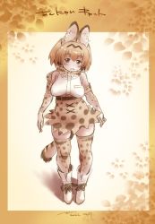 Rule 34 | 1girl, animal ear fluff, animal ears, blonde hair, bow, bowtie, cat ears, cat girl, cat tail, elbow gloves, gloves, highres, kemono friends, looking at viewer, nyororiso (muyaa), orange bow, serval (kemono friends), serval print, shirt, short hair, skirt, smile, solo, tail