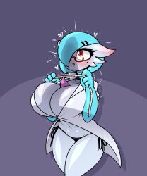 Rule 34 | 1girl, alternate color, ass, belly, blue skin, blush, breasts, cleavage, colored skin, creatures (company), dr. voir, eyelashes, female focus, furry, game freak, gardevoir, gen 3 pokemon, glasses, hair ornament, hair over one eye, heart, highres, huge ass, huge breasts, kneeling, lab coat, large breasts, limebreaker, midriff, mole, navel, nintendo, open mouth, penis awe, penis shadow, personification, pokemon, pokemon (creature), purple background, red-framed eyewear, shadow, shiny pokemon, short hair, solo, standing, sweat, thick thighs, thighs, white skin, wide hips