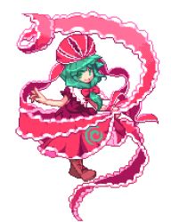 1girl bad_id bad_pixiv_id boots bow dress female_focus frills front_ponytail green_eyes green_hair hair_bow kagiyama_hina kou_2008 lowres matching_hair/eyes pixel_art ribbon solo touhou