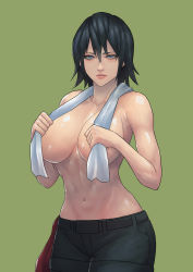 Rule 34 | 1girl, abs, absurdres, black hair, blue eyes, breasts, cirenk, commission, convenient censoring, eyelashes, green background, hair between eyes, half-closed eyes, highres, large breasts, lips, looking at viewer, navel, original, painting (medium), pants, shiny skin, short hair, solo, standing, towel, towel around neck, towel over breasts, traditional media, watercolor (medium)
