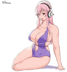 Rule 34 | 1girl, bad id, bad pixiv id, blaccura, breasts, cleavage, female focus, headphones, highres, large breasts, long hair, looking at viewer, nitroplus, pink hair, red eyes, simple background, solo, super sonico, swimsuit, thighs, twitter username, white background