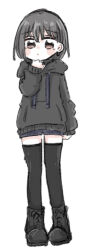 Rule 34 | 1girl, bang dream!, bang dream! it&#039;s mygo!!!!!, black footwear, black hoodie, black thighhighs, blush, boots, closed mouth, commentary request, drawstring, full body, grey hair, hand up, highres, hood, hoodie, long sleeves, red eyes, same (same d4), short hair, simple background, solo, takamatsu tomori, thighhighs, white background