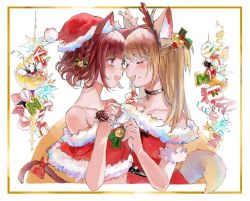 Rule 34 | 2girls, animal ears, antlers, bare shoulders, blush, bow, cat ears, cat girl, cat tail, christmas ornaments, christmas present, christmas stocking, closed eyes, collarbone, commentary, dog ears, dog girl, dog tail, dress, face-to-face, facing another, feeding, food, from side, gift, hat, holding, holding food, horns, kikiyu, kmnz, looking at another, mc lita, mc liz, multiple girls, open mouth, profile, red bow, reindeer antlers, santa dress, santa hat, smile, symbol-only commentary, tail, tail bow, tail ornament, virtual youtuber, yuri