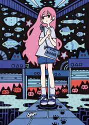 Rule 34 | 1girl, black footwear, blue shirt, blue shorts, bright pupils, earrings, fish, fish skeleton, full body, garouma, highres, jewelry, long hair, original, own hands together, paw print, pink hair, red eyes, shadow, shirt, shoes, short sleeves, shorts, solo, standing, very long hair, white pupils