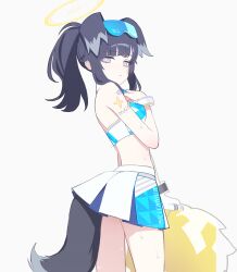 Rule 34 | 1girl, animal ears, bare shoulders, black hair, blue archive, breasts, cheerleader, closed mouth, commentary request, crop top, dog ears, dog girl, dog tail, eyewear on head, from side, halo, hibiki (blue archive), hibiki (cheer squad) (blue archive), holding, holding pom poms, looking at viewer, midriff, millennium cheerleader outfit (blue archive), mimitoke, miniskirt, official alternate costume, pleated skirt, pom pom (cheerleading), pom poms, ponytail, simple background, skirt, small breasts, solo, standing, star sticker, sticker on arm, sticker on face, tail, text print, white background, white skirt, yellow halo