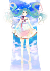 Rule 34 | 1girl, bad id, bad pixiv id, barefoot, dress, floating hair, giaour, green eyes, green hair, hatsune miku, highres, long hair, matching hair/eyes, musical note, nail polish, skirt hold, solo, standing, standing on liquid, toenail polish, toenails, twintails, vocaloid