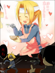 Rule 34 | 00s, 1boy, ^ ^, ahoge, androgynous, angry, apron, bandages, black hair, blonde hair, blush, boots, bowl, closed eyes, cooking, dreaming, edward elric, feeding, food, fullmetal alchemist, heart, kl (dgzonbi), ling yao, long hair, ponytail, prosthesis, saliva, shirt, shoes, spoon