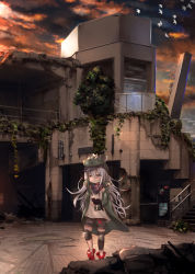 Rule 34 | 1girl, 2others, animal, animal on head, bad id, bad twitter id, bird, blush stickers, building, cat, dusk, flock, g11 (girls&#039; frontline), girls&#039; frontline, hat, holding, holding animal, holding cat, jacket, knee pads, kuraja34, long hair, messy hair, multiple others, on head, shoes, shorts, sneakers