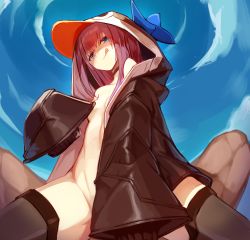Rule 34 | 1girl, :q, animal hood, blue eyes, blue sky, breasts, choker, cloud, coat, fate/grand order, fate (series), groin, highres, hood, jacket, long hair, looking at viewer, meltryllis, meltryllis (fate), meltryllis (swimsuit lancer) (fate), meltryllis (swimsuit lancer) (first ascension) (fate), naked coat, open clothes, open jacket, penguin hood, pov, purple hair, sitting, sitting on person, sky, sleeves past wrists, small breasts, smile, spread legs, sue (bg-bros), thighhighs, tongue, tongue out, very long hair