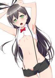 Rule 34 | 10s, 1girl, animal ears, areola slip, armpits, arms up, bang dream!, black hair, blush, bow, breasts, crop top, dutch angle, green eyes, hanazono tae, highres, long hair, looking at viewer, navel, no bra, open fly, open mouth, rabbit ears, red bow, sakamata (sakamata4), shorts, simple background, small breasts, solo, standing, suspenders, underboob, white background