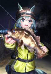 Rule 34 | 1girl, absurdres, animal, animal ears, beanie, black pants, breath, buckle, ears through headwear, fish, fishing rod, fusou (fuso0205), green eyes, green hair, grouper (fish), hat, highres, holding, holding animal, holding fish, holding fishing rod, hood, hooded jacket, horse ears, horse girl, horse tail, jacket, long sleeves, looking at viewer, night, open mouth, outdoors, pants, reaching, reaching towards viewer, seiun sky (umamusume), short hair, smile, snap-fit buckle, solo, tail, teeth, umamusume, upper body, upper teeth only, water drop