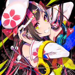 Rule 34 | 1girl, :d, armpits, arms up, bare shoulders, beret, black hair, black sailor collar, blunt bangs, colorful, commentary request, detached sleeves, earphones, floral background, flower, green eyes, grin, hat, headphones, headphones removed, highres, long hair, long sleeves, looking at viewer, mika pikazo, multicolored hair, neckerchief, official art, open mouth, original, pink hair, sailor collar, shirt, sidelocks, smile, solo, teeth, upper body, v-shaped eyebrows, white flower, white hair, white hat, white shirt, yellow neckerchief