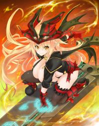 Rule 34 | 1girl, asahi, blonde hair, blush, breasts, female focus, fire, full body, gloves, hat, huge breasts, lilith-soft, long hair, looking at viewer, magic, magical girl, magical girl lilith, pointy ears, smile, solo, taimanin (series), taimanin asagi kessen arena, witch hat, yellow eyes