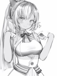 Rule 34 | 1girl, bow, bowtie, closed mouth, dark-skinned female, dark skin, gloves, greyscale, hands up, heart, highres, hololive, looking at viewer, monochrome, nanashi (nlo), pointy ears, ponytail, shiranui flare, shiranui flare (1st costume), simple background, skirt, smile, solo, upper body, virtual youtuber, white background